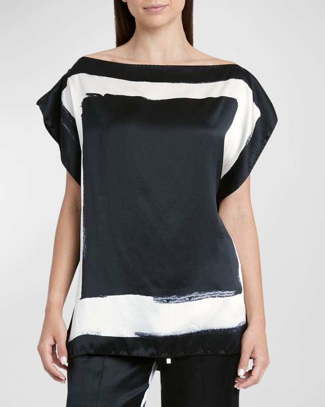 High-Neck Border-Print Silk Top